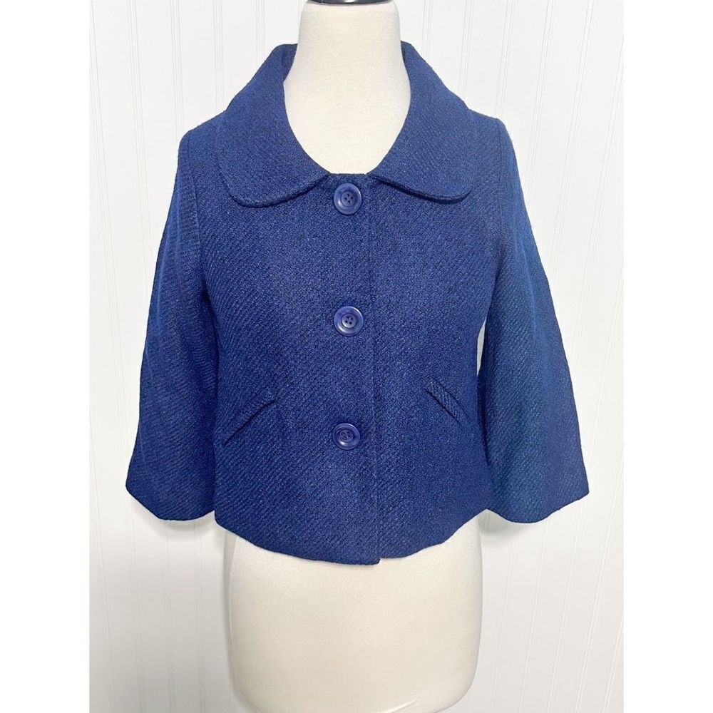 Solemio Womens Button Up Blazer Jacket Collared Cropped Blue Viscose Wool Small